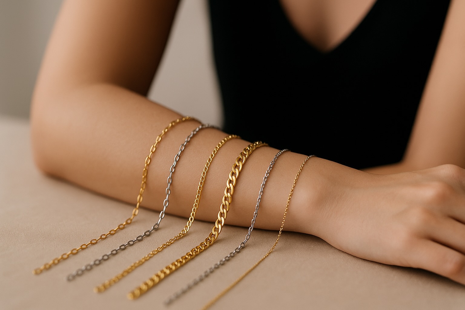 Close-up of permanent jewelry on wrist